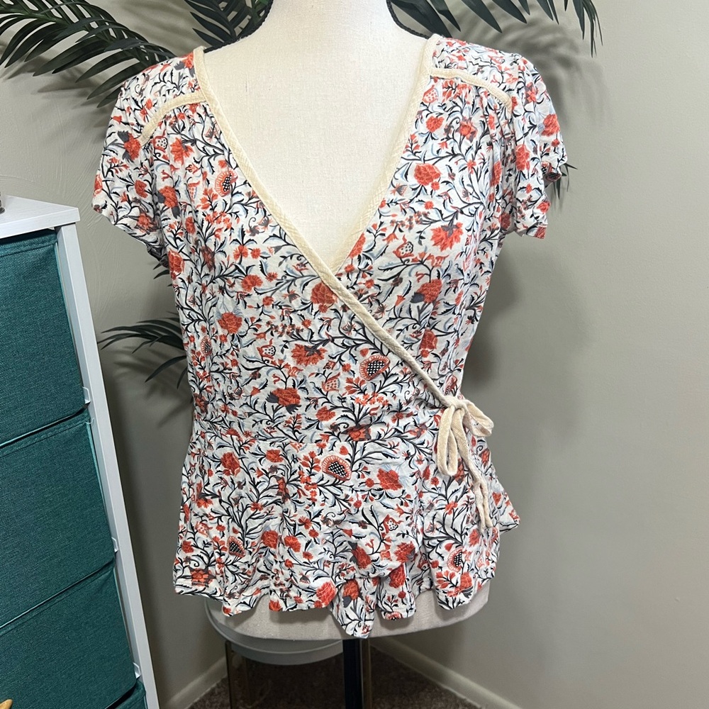 Lucky Brand Cream, Orange and Navy Peplum Tie Blouse (S)